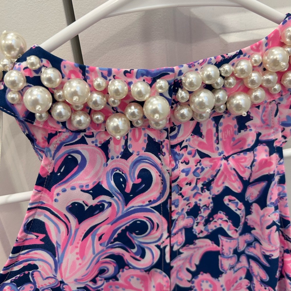 Lilly Pulitzer Shawn Pink and Blue Patterned Blouse with Pearl Embellishment - Picture 7 of 8